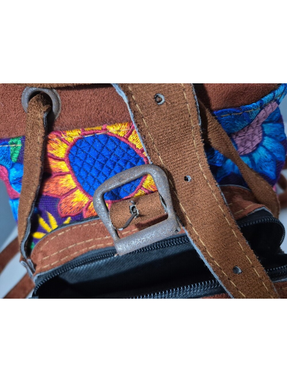 Vintage Boho Embroidered Floral Suede Leather Mini Backpack Handmade Artisan - Picture 5 of 8